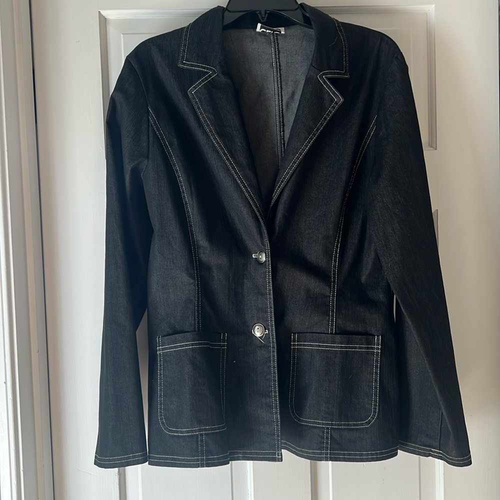 Women’s Vintage Dark Denim Blazer with Metal Buttons and White Seaming